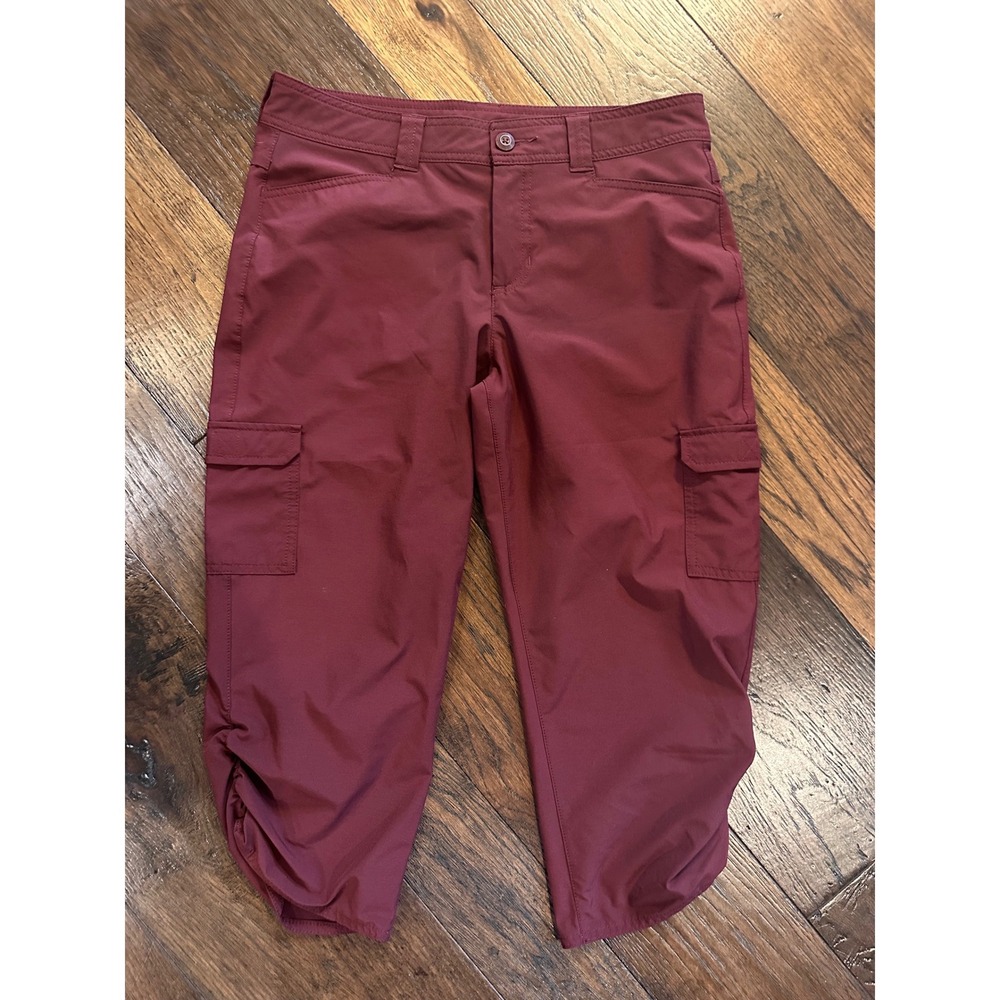 Eddie Bauer Travex Women Burgundy Cargo Capri Pants Ruched Leg Hiking Travel 6